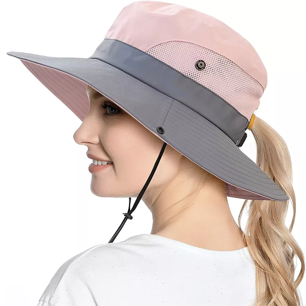 Women's Wide Brim Sun Hat with Ponytail Hole, Neck Flap UV Protection Bucket Cap