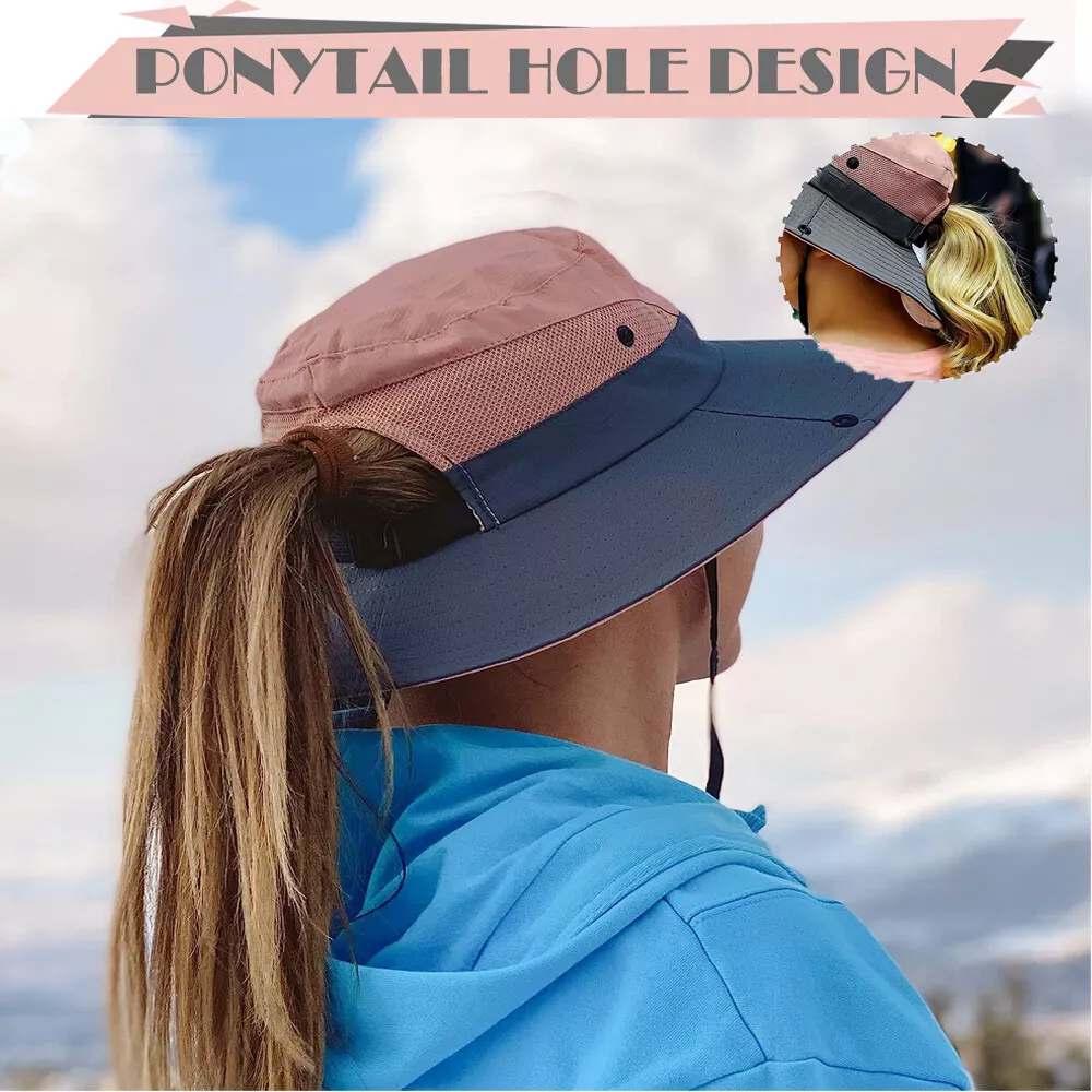 Women's Wide Brim Sun Hat with Ponytail Hole, Neck Flap UV Protection Bucket Cap