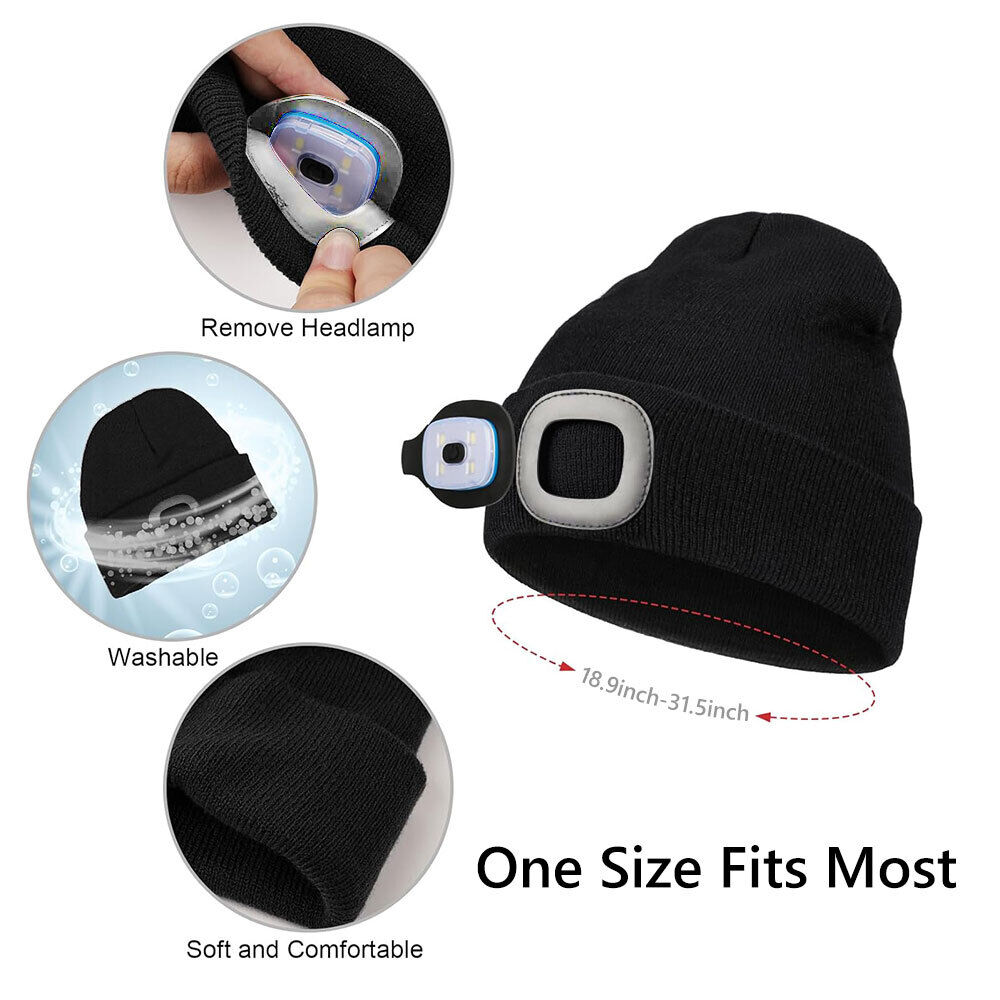 LED Beanie Hat Light Rechargeable Winter Warm Knitted Headlight Cap