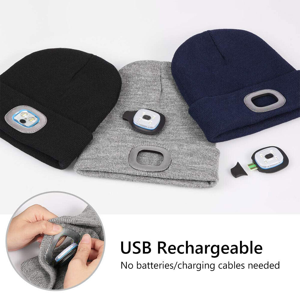 LED Beanie Hat Light Rechargeable Winter Warm Knitted Headlight Cap