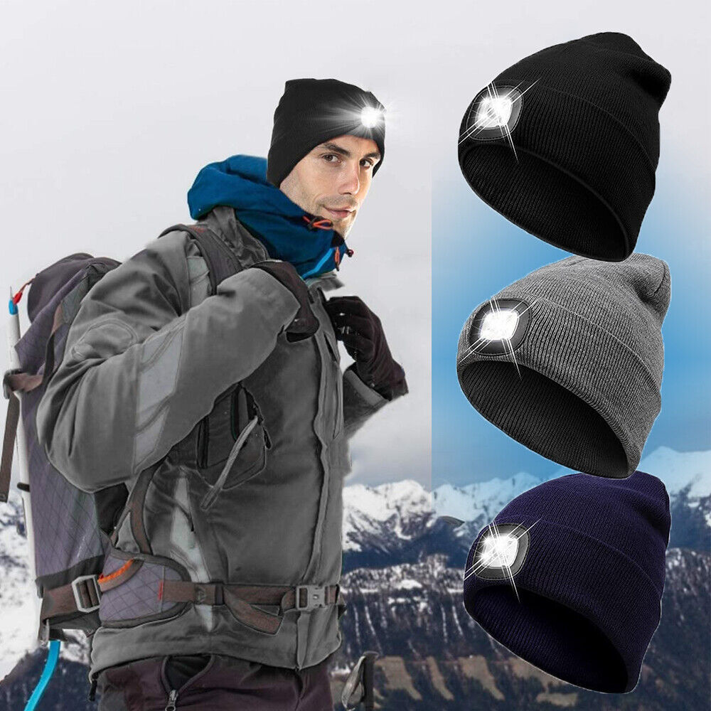 LED Beanie Hat Light Rechargeable Winter Warm Knitted Headlight Cap
