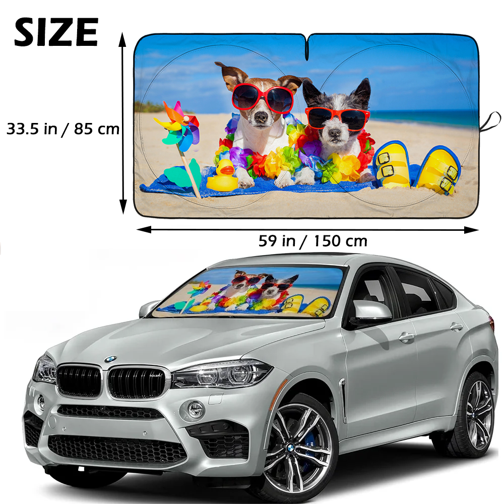 Foldable Car Sun Shade with Dog Printing, Windshield Sunshade, UV Ray & Heat Reduction