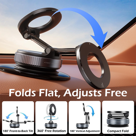 360° Adjustable Car Phone Holder, Magnetic Vacuum Suction Cup Mount, Foldable Stand for iPhone Android