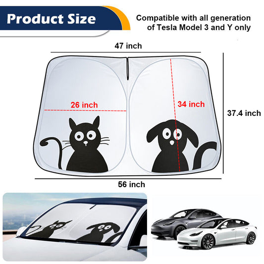 240T Foldable Car Sun Shade for Tesla Model Y / Model 3, UV Block, Heat Reduction, Cartoon Printing