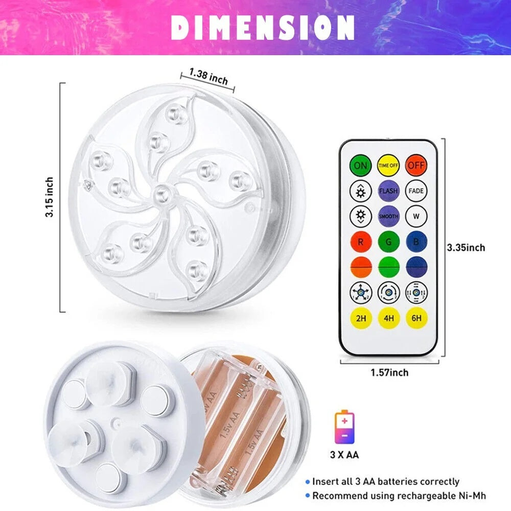 Set of 2 Pool Lights, IP68 Waterproof Magnetic Underwater Floating Lights with Remote Control, 16 Color Changing Swimming Pool Lights, Battery Operated