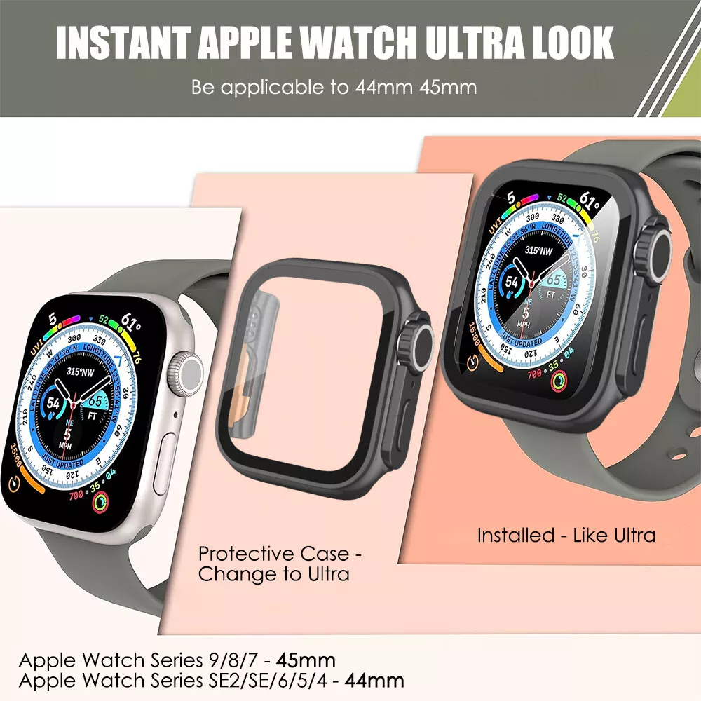 Ultra Look Cover Case with Screen Protector for Apple Watch Series 9/8/7 45mm, Series SE2/SE/6/5/4 44mm, Tempered Glass, Anti Scratch