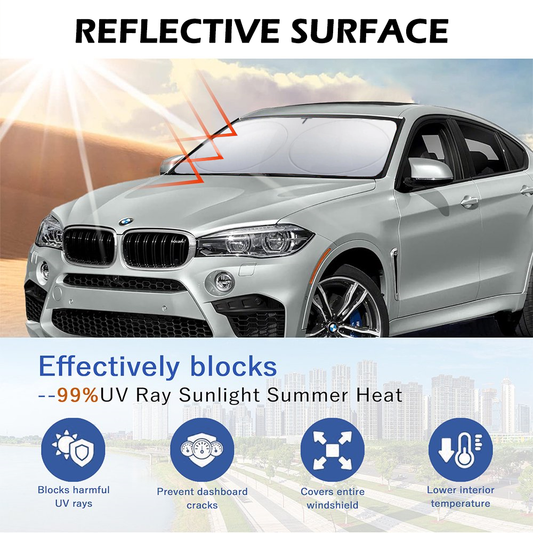 Foldable Car Windshield Sun Shade with Rearview Mirror Opening, Blocks UV Rays & Heat