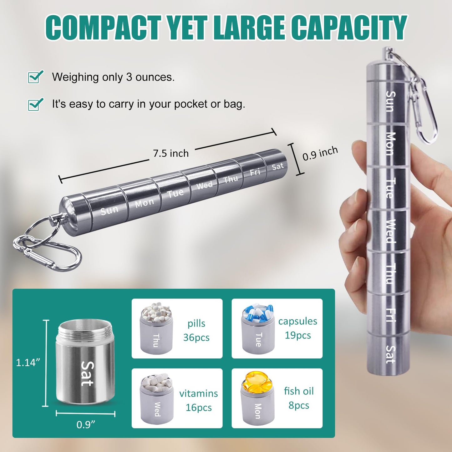 Travel Pill Organizer Weekly - Waterproof Aluminum Alloy Weekly Pill Box