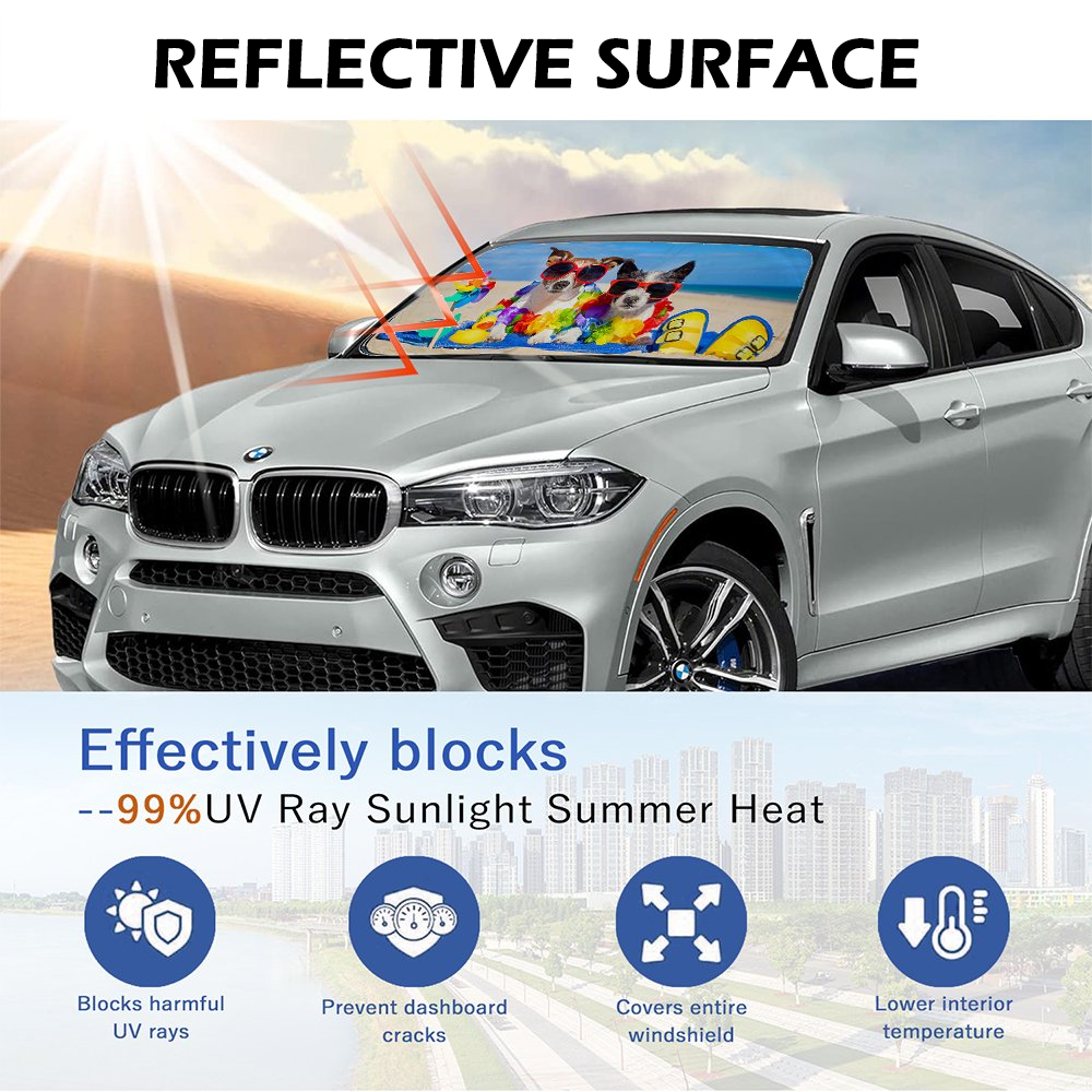 Foldable Car Sun Shade with Dog Printing, Windshield Sunshade, UV Ray & Heat Reduction