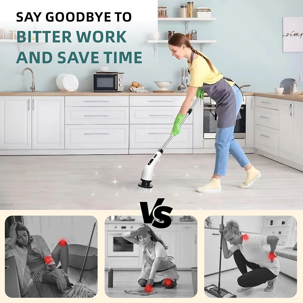 8-IN-1 Electric Spin Scrubber, Variable Speed Cordless Power Cleaning Brush, Rechargeable Cleaner, Adjustable Length, LED Indicator