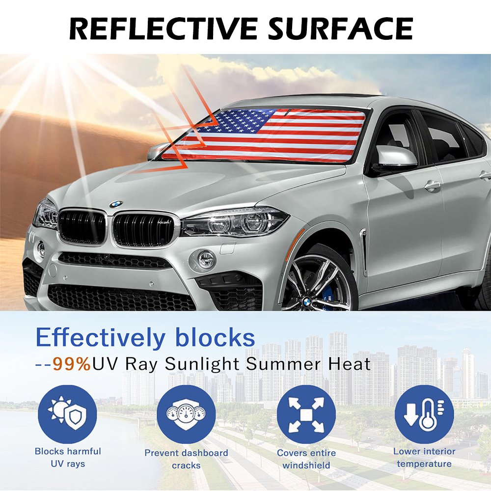 Foldable Car Sun Shade with Flag Printing, Windshield Sunshade, UV Ray & Heat Reduction