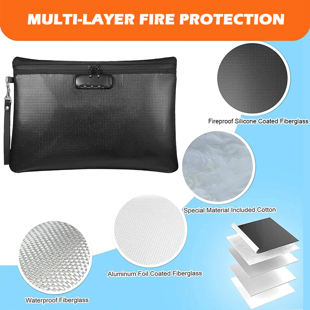 14" x 10" Fireproof Document Bag with Zipper & Lock, Waterproof Fire Safe Pouch for Cash, Passport, A4 Files