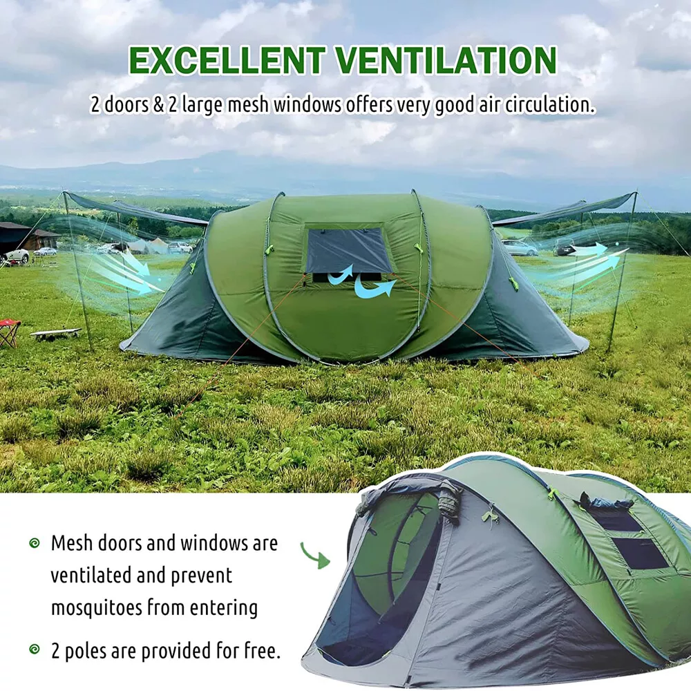 Instant Pop-Up Camping Tent with Vestibule, Front & Back Doors, Spacious for 4-6 People, Waterproof & Windproof, Ventilated for Comfortable Outdoor Adventures