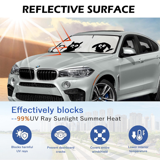 Foldable Car Windshield Sun Shade with Rearview Mirror Opening, Blocks UV Rays & Heat, Cartoon Printing