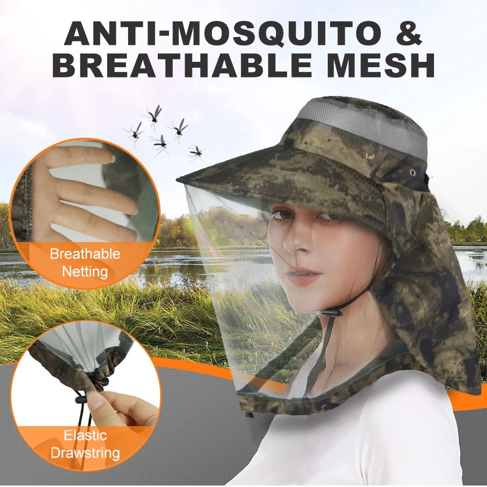 Wide Brim Mosquito Head Net Sun Hat with Neck Flap for Fishing Hiking Men Women