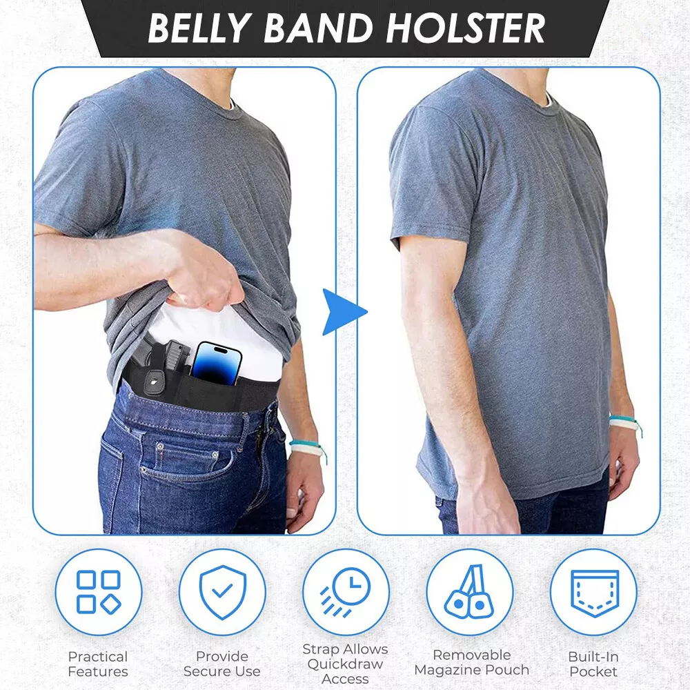 40" / 45" Belly Band Gun Holster, Outdoor Concealed Carry Pistol Holder, Fits All Pistols, Adjustable & Comfortable