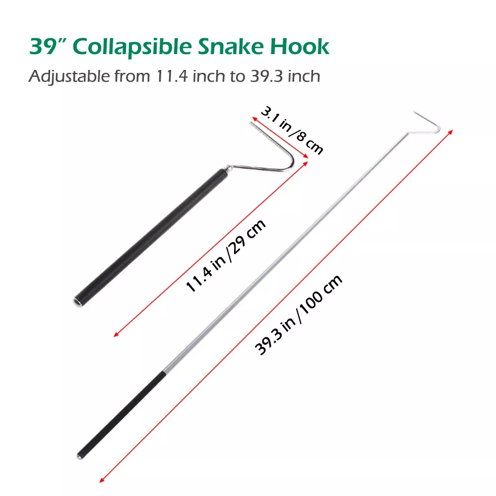 39” Retractable Snake Hook Stainless Steel Reptile Handling Tool Anti-Slip Rubber Grip