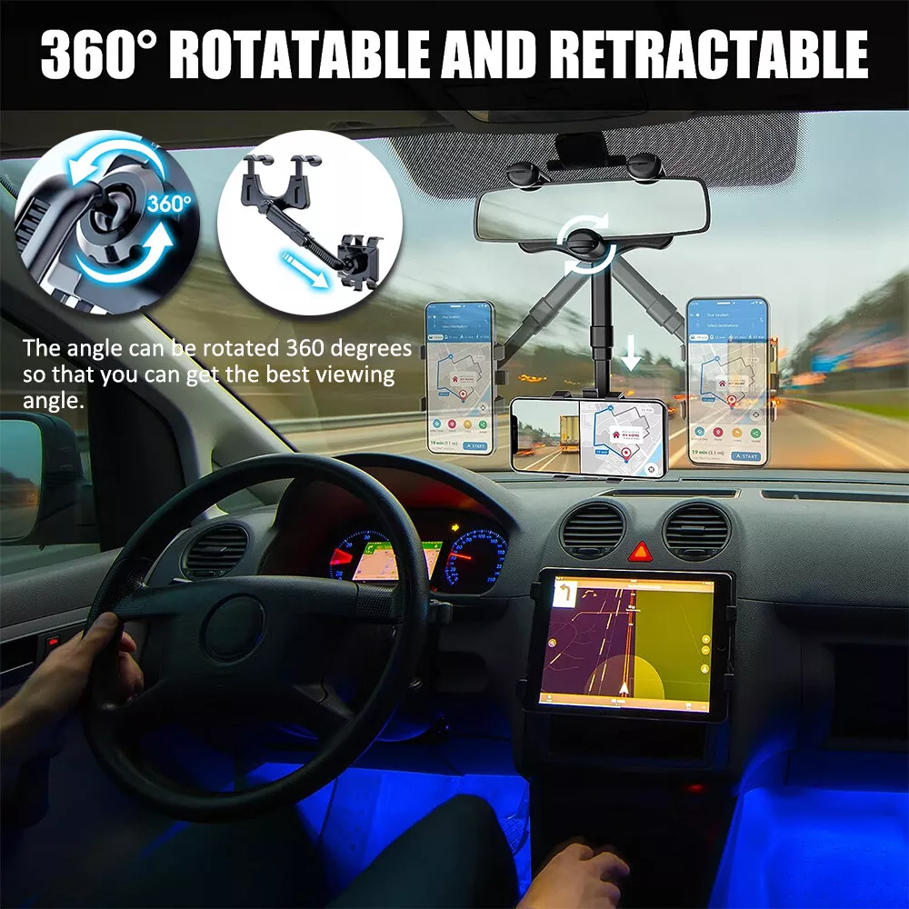 Car Rearview Mirror Phone Holder, 360° Rotating Rear View Mount for 3-7” Cellphones