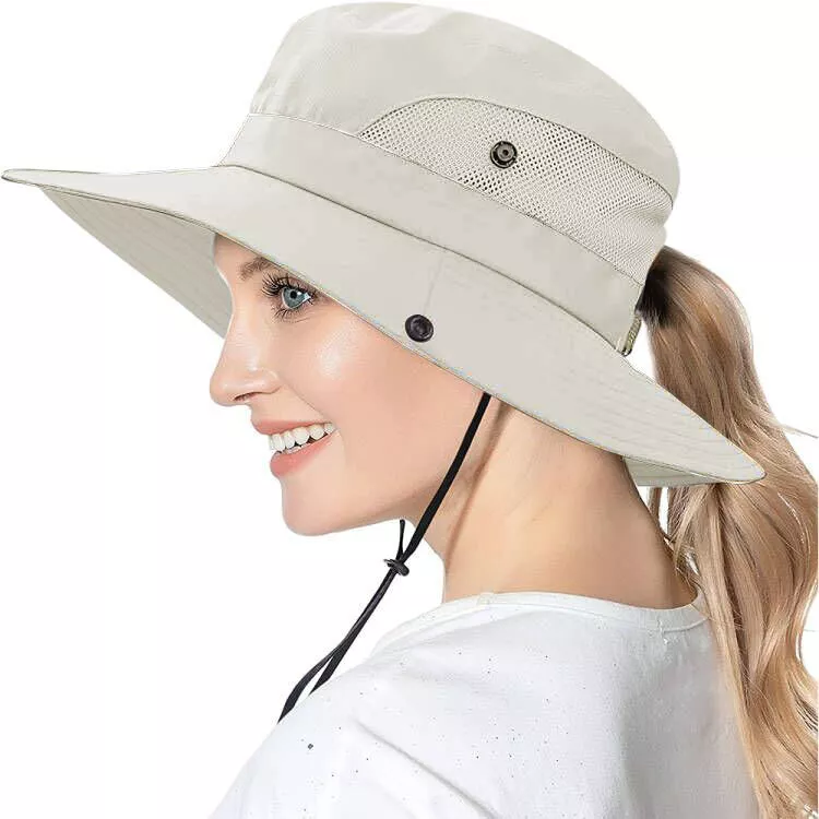 Women's Wide Brim Sun Hat with Ponytail Hole, Neck Flap UV Protection Bucket Cap
