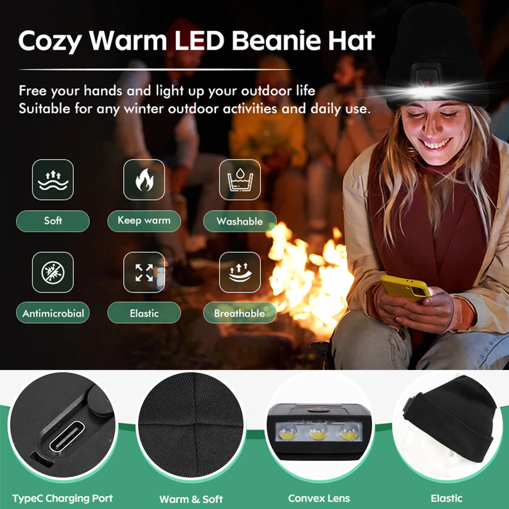 LED Beanie Hat with Rechargeable Headlamp Light Winter Warm Knit Unisex Cap Gift