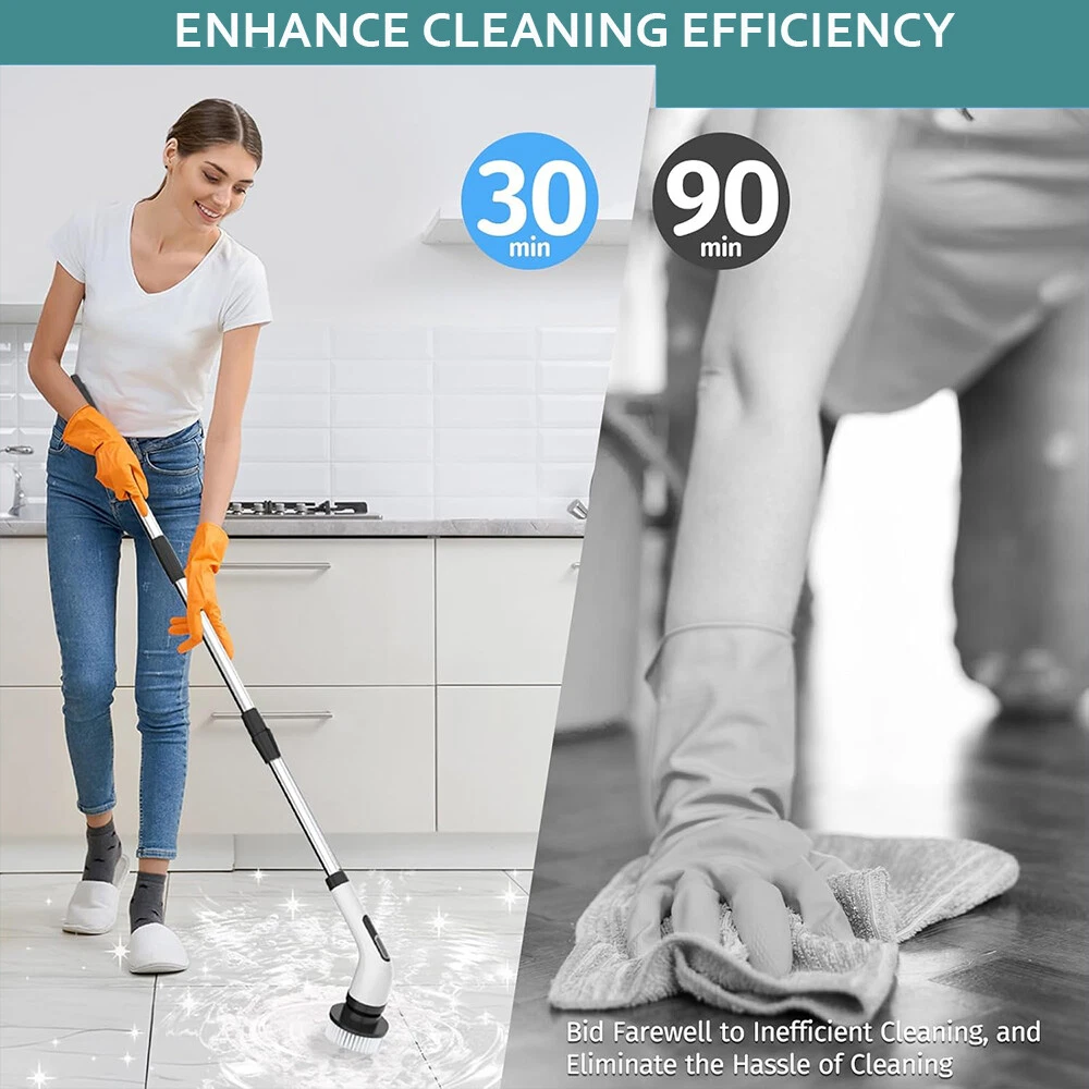 8-IN-1 Electric Spin Scrubber, Variable Speed Cordless Power Cleaning Brush, Rechargeable Cleaner, Adjustable Length, LED Indicator