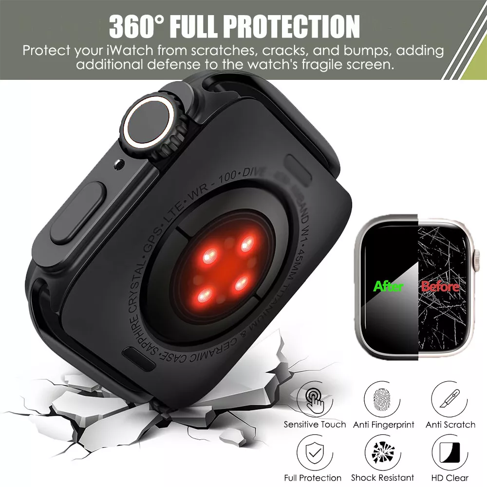 Ultra Look Cover Case with Screen Protector for Apple Watch Series 9/8/7 45mm, Series SE2/SE/6/5/4 44mm, Tempered Glass, Anti Scratch