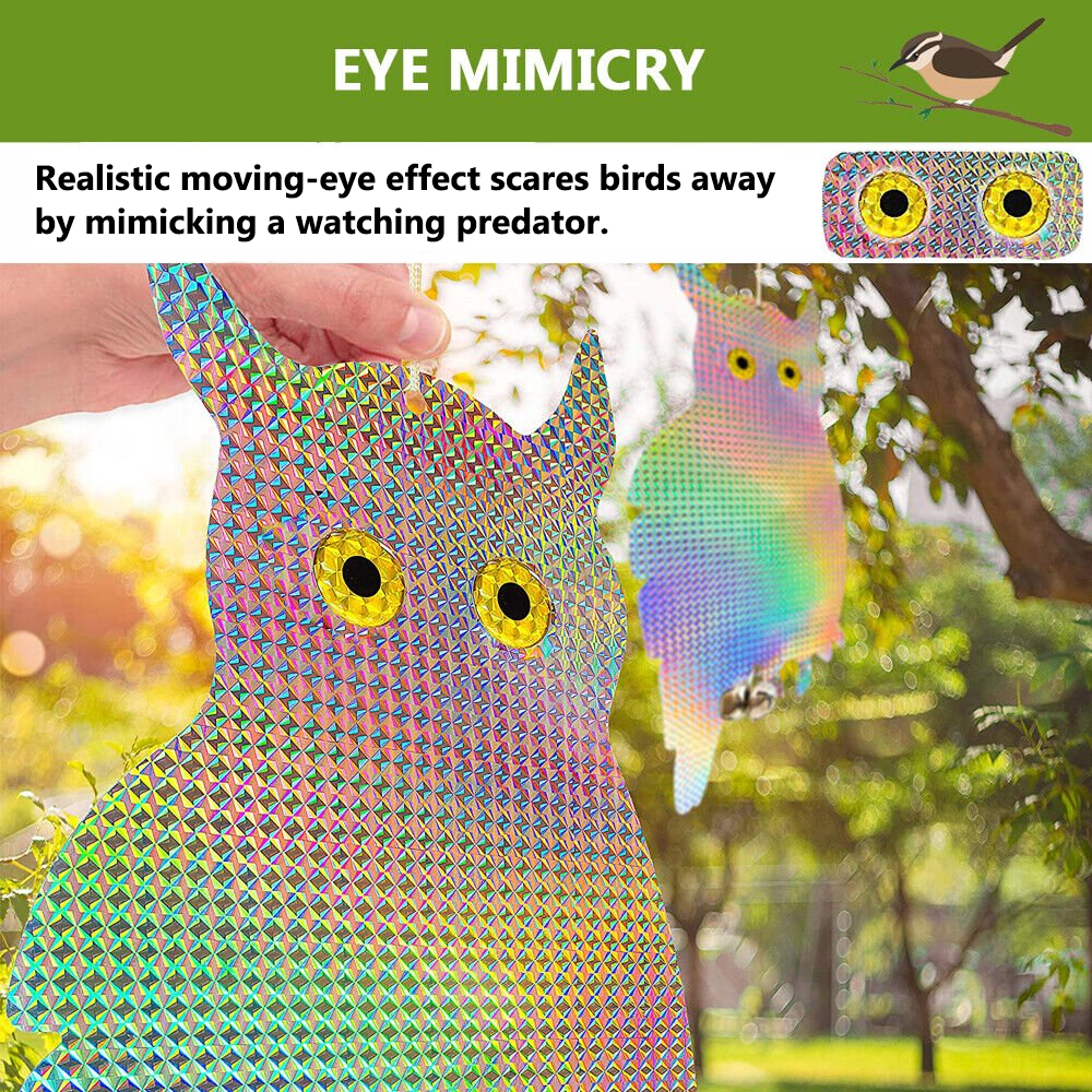 2 Pack Owl Decoy Scare, Hanging Reflective Fake Owl Woodpecker Bird Deterrent Control Device for Home & Garden