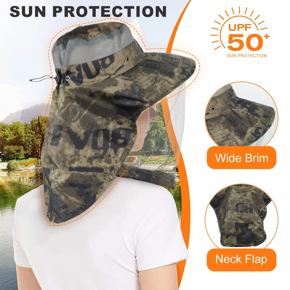 Wide Brim Mosquito Head Net Sun Hat with Neck Flap for Fishing Hiking Men Women
