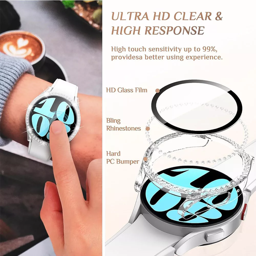 Screen Protector Case for Samsung Galaxy Watch 6 40mm/44mm, Bling Cover, Tempered Glass, Perfect Protection Anti Scratch