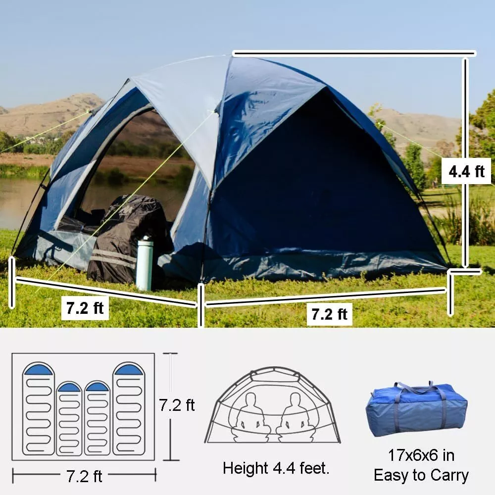 3-4 Person Tents for Camping, Outdoor Waterproof Dome Family Tent with Removable Rainfly, 2 Doors & Large Mesh Windows, Easy Setup