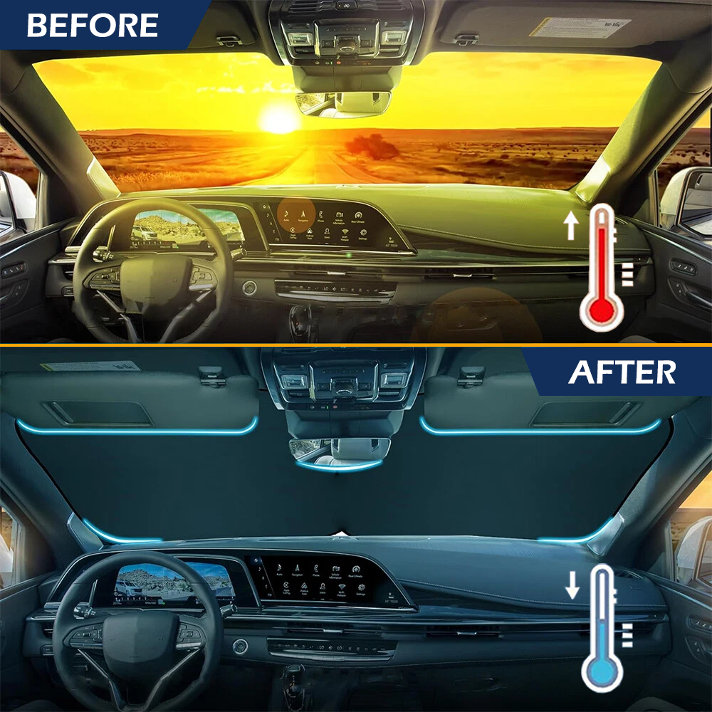 Foldable Car Windshield Sun Shade with Rearview Mirror Opening, Blocks UV Rays & Heat