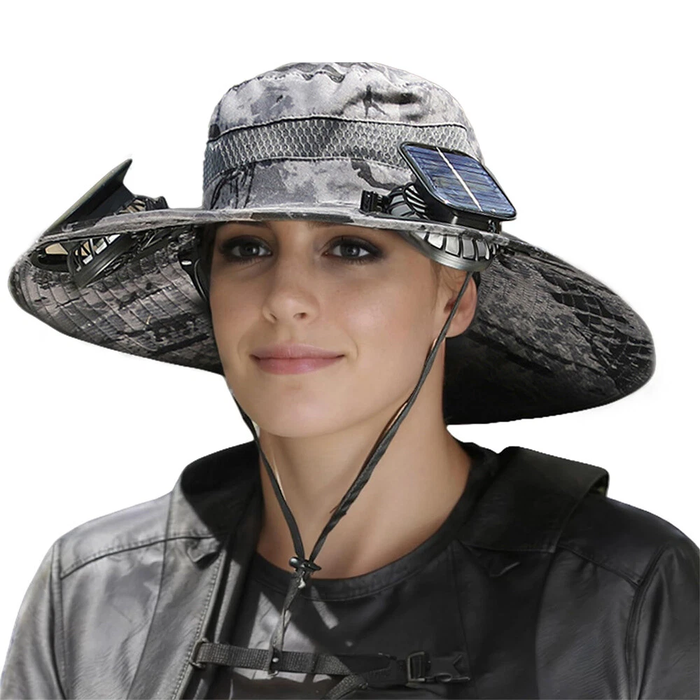 Outdoor Wide Brim Sun Hat with 2 Solar Fan UV Protection Hiking Camping Fishing