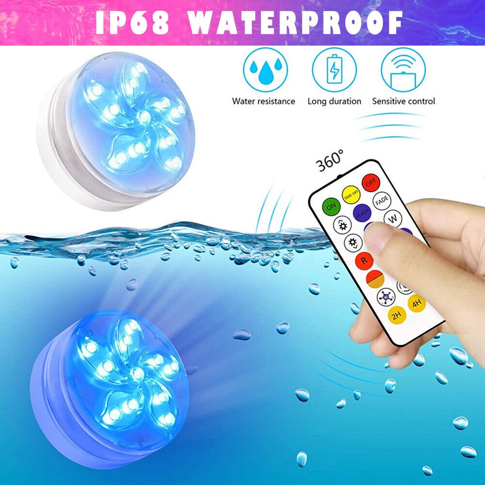 Set of 2 Pool Lights, IP68 Waterproof Magnetic Underwater Floating Lights with Remote Control, 16 Color Changing Swimming Pool Lights, Battery Operated