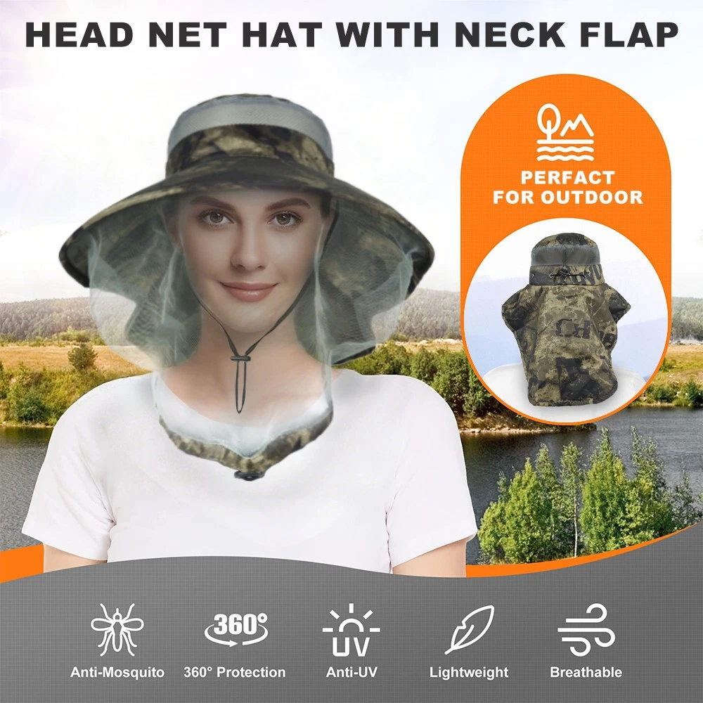 Wide Brim Mosquito Head Net Sun Hat with Neck Flap for Fishing Hiking Men Women