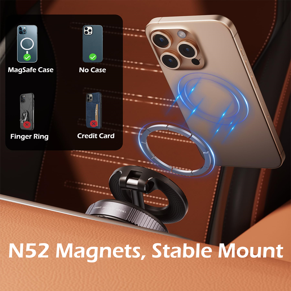 360° Adjustable Car Phone Holder, Magnetic Vacuum Suction Cup Mount, Foldable Stand for iPhone Android