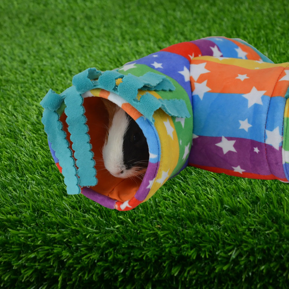 Guinea Pig Hideout Tunnel, Collapsible 3 Way Hamster Play Tubes with Fleece Forest Curtain