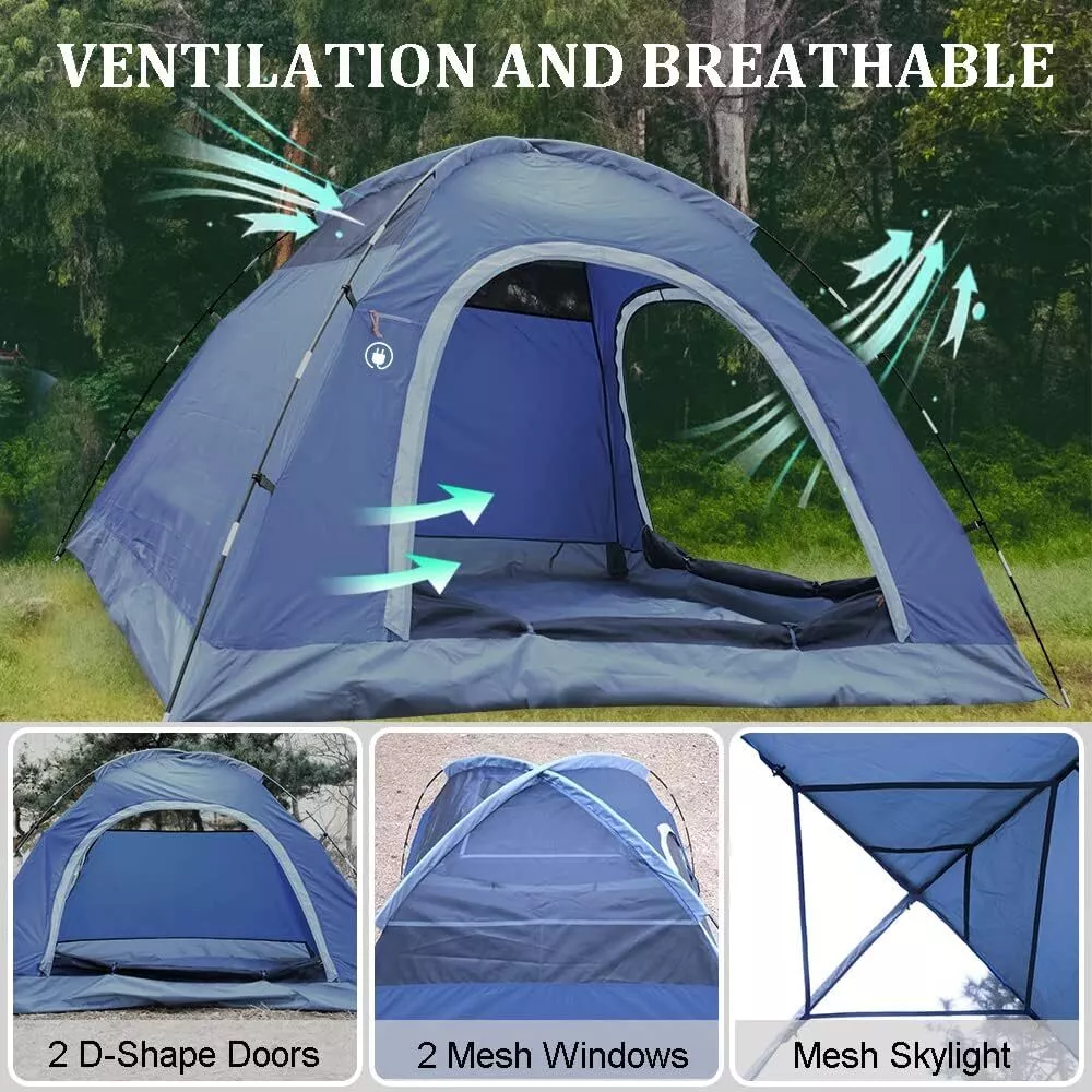 3-4 Person Tents for Camping, Outdoor Waterproof Dome Family Tent with Removable Rainfly, 2 Doors & Large Mesh Windows, Easy Setup