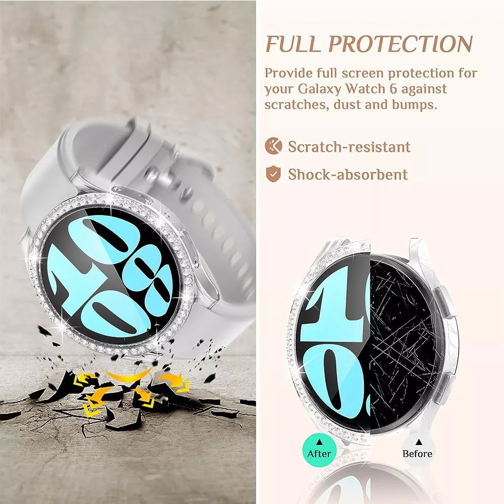 Screen Protector Case for Samsung Galaxy Watch 6 40mm/44mm, Bling Cover, Tempered Glass, Perfect Protection Anti Scratch