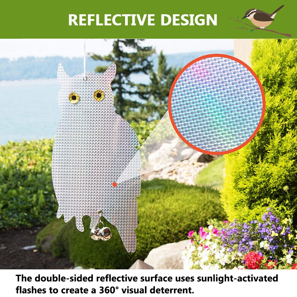 2 Pack Owl Decoy Scare, Hanging Reflective Fake Owl Woodpecker Bird Deterrent Control Device for Home & Garden