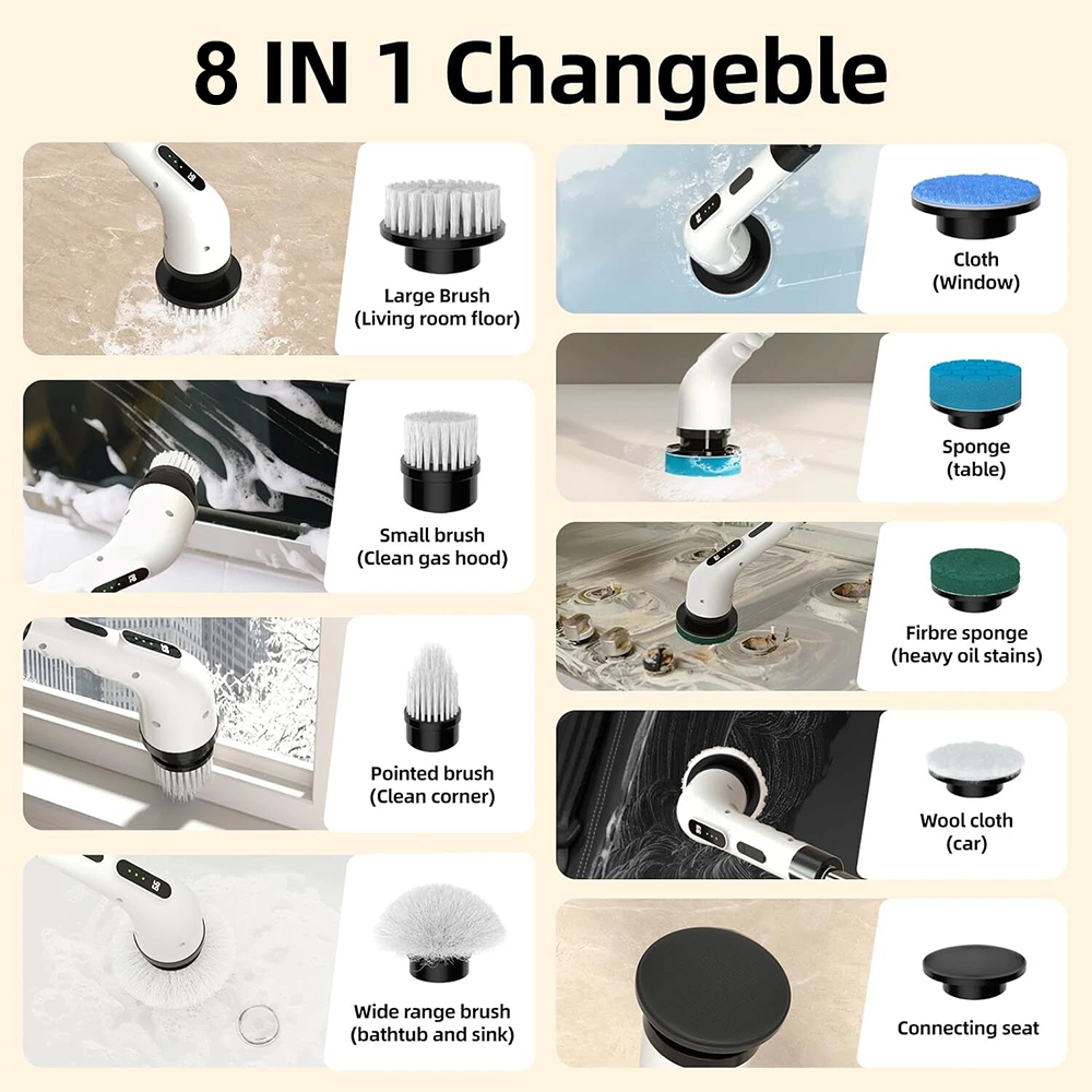 8-IN-1 Electric Spin Scrubber, Variable Speed Cordless Power Cleaning Brush, Rechargeable Cleaner, Adjustable Length, LED Indicator