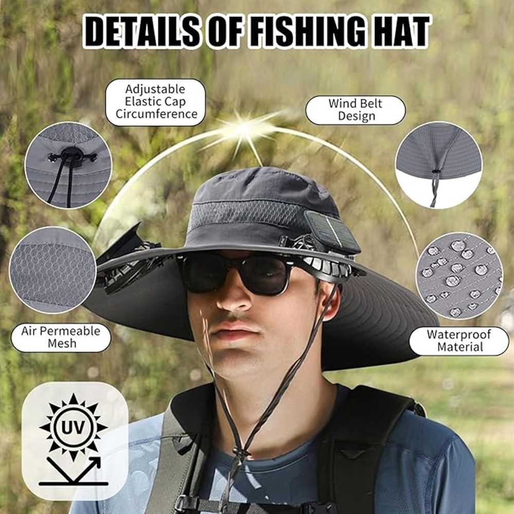 Outdoor Wide Brim Sun Hat with 2 Solar Fan UV Protection Hiking Camping Fishing