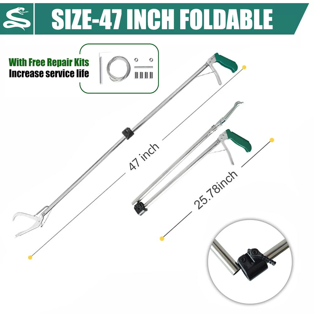 Heavy Duty Snake Tongs, Fixed / Foldable Reptile Grabber, Stainless Steel Catcher with Lock & Wide Jaw, Professional Rattle Handling Tool