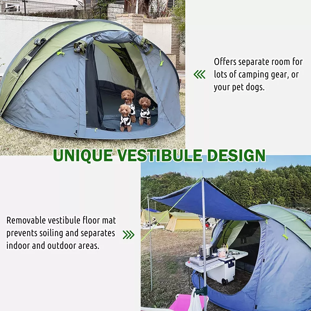 Instant Pop-Up Camping Tent with Vestibule, Front & Back Doors, Spacious for 4-6 People, Waterproof & Windproof, Ventilated for Comfortable Outdoor Adventures