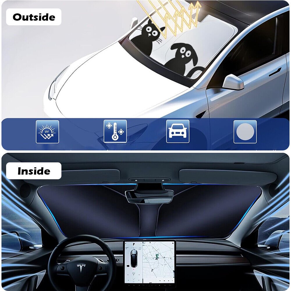 240T Foldable Car Sun Shade for Tesla Model Y / Model 3, UV Block, Heat Reduction, Cartoon Printing