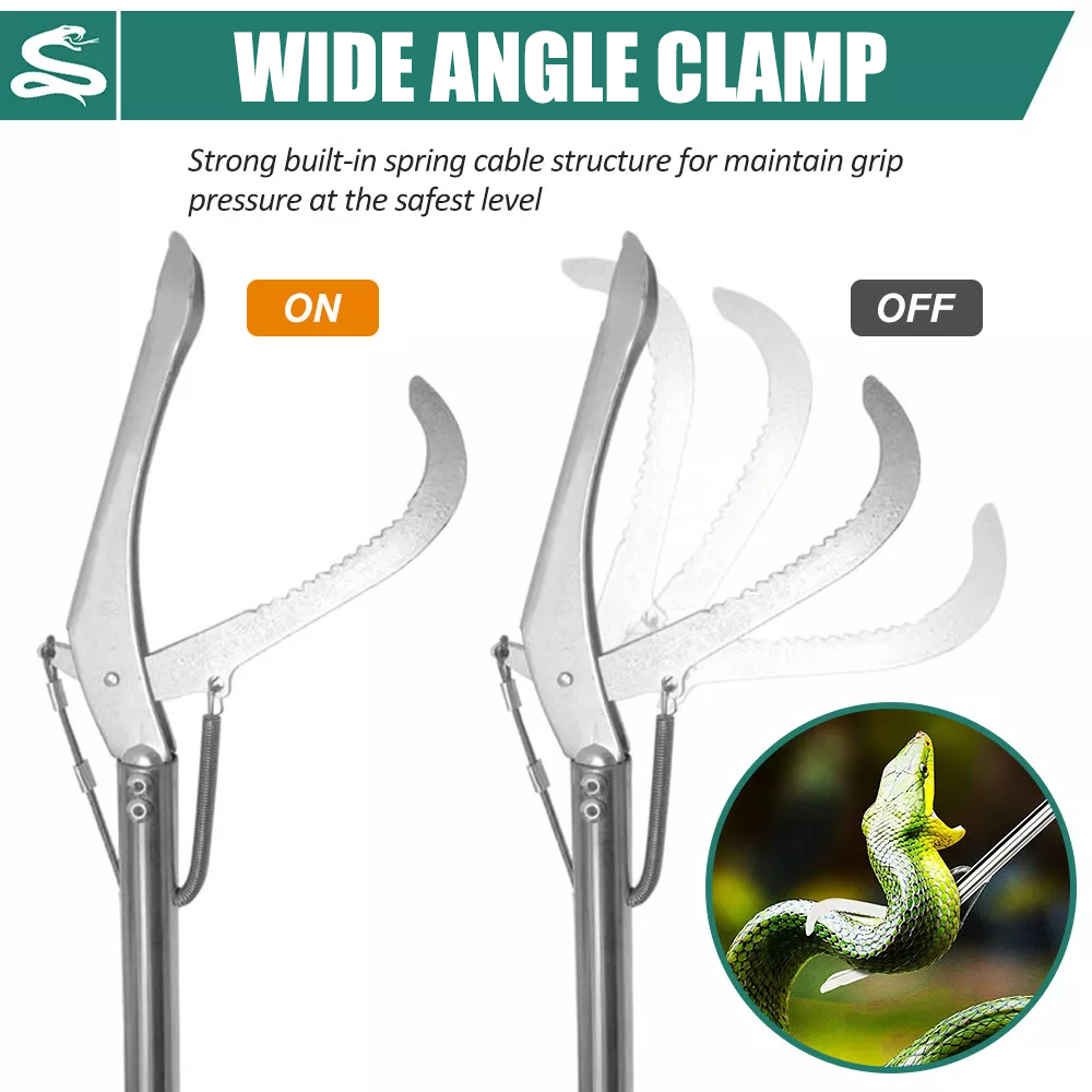 Heavy Duty Snake Tongs, Fixed / Foldable Reptile Grabber, Stainless Steel Catcher with Lock & Wide Jaw, Professional Rattle Handling Tool