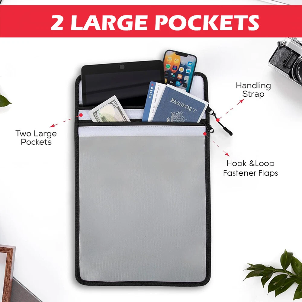 15" x 11" Fireproof Document Bag (2000℉) with Two Pockets, Zipper & High-Visibility Reflective Strip