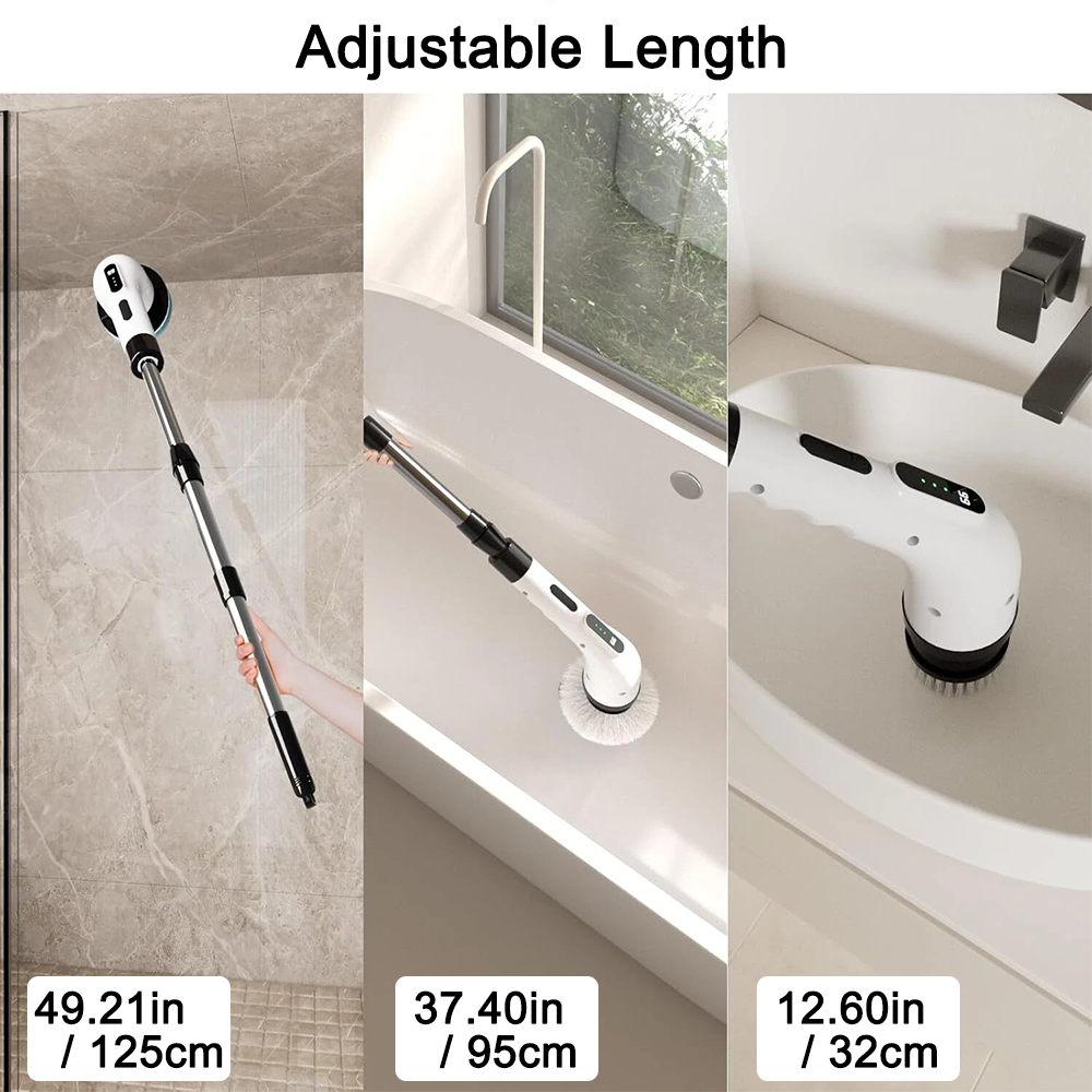 8-IN-1 Electric Spin Scrubber, Variable Speed Cordless Power Cleaning Brush, Rechargeable Cleaner, Adjustable Length, LED Indicator