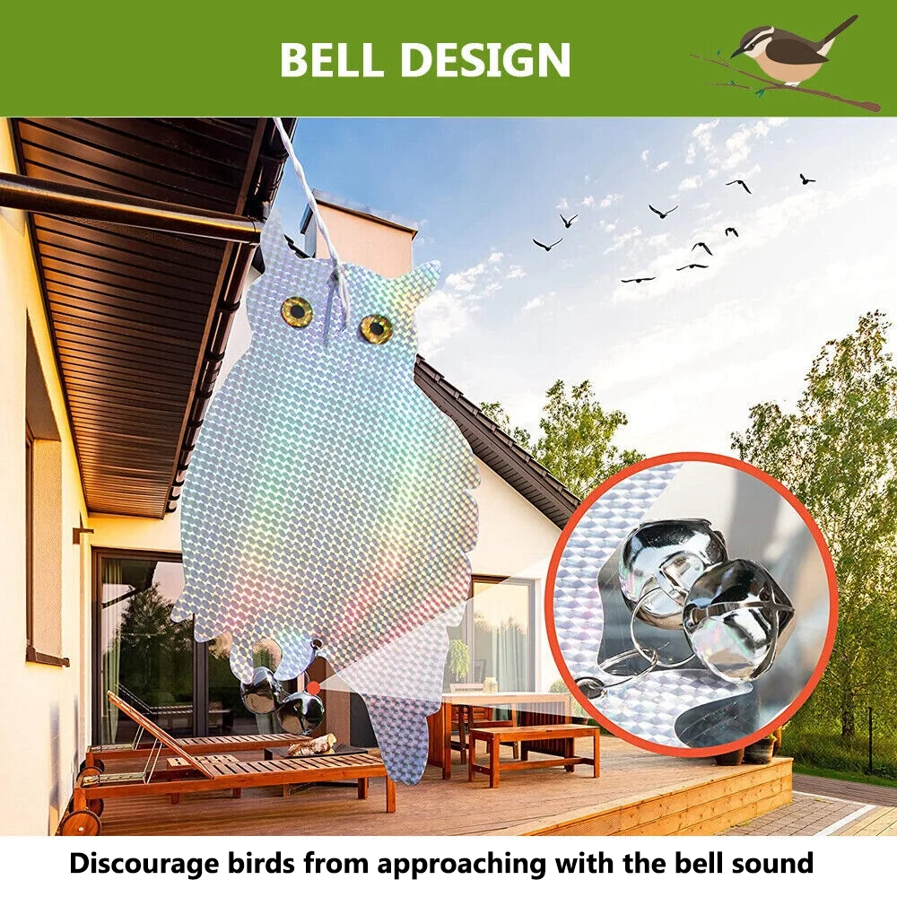 2 Pack Owl Decoy Scare, Hanging Reflective Fake Owl Woodpecker Bird Deterrent Control Device for Home & Garden