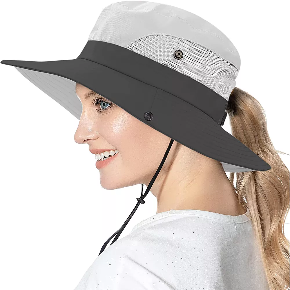 Women's Wide Brim Sun Hat with Ponytail Hole, Neck Flap UV Protection Bucket Cap