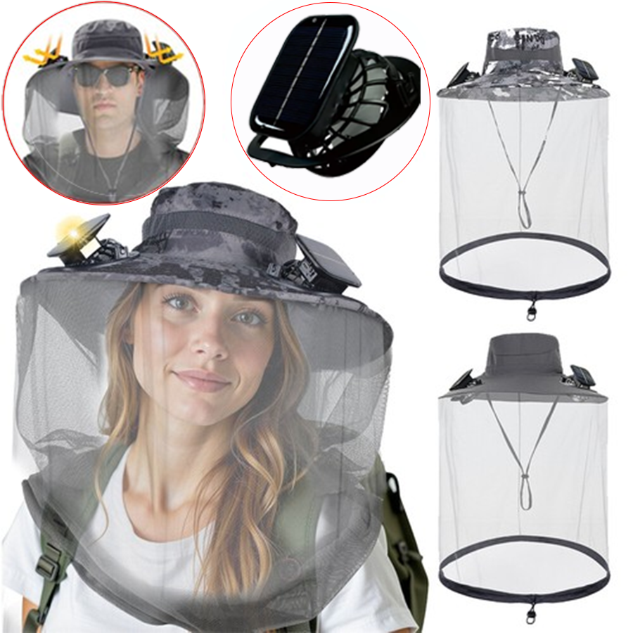 Wide Brim Solar Fan Outdoor Fishing Hat With 2 Solar Fan Mosquito Head Face Net